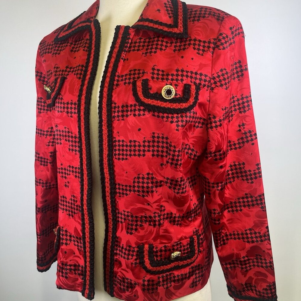 Vintage 80s Anne Crimmins Red & Black 100% Silk Blazer Business Jacket Size 12